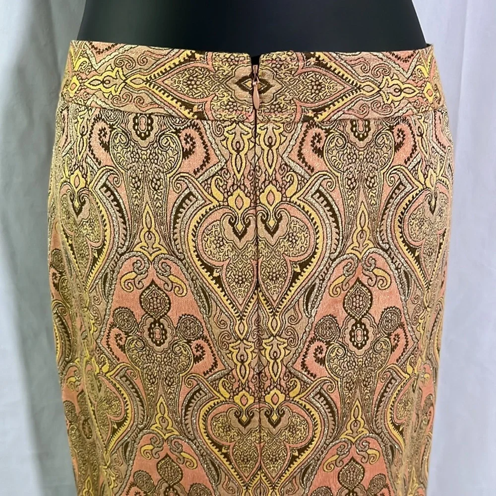 Talbots Pink Yellow & Metallic Gold Jacquard Print Silk Blend Pencil Skirt